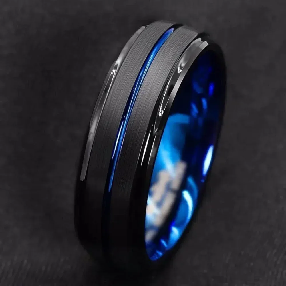 Tungsten Steel matte black polished double beveled blue channel wedding ring